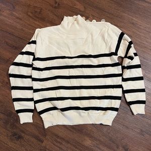 Women’s Mock Neck White Sweater with Black Stripes, Size Small.